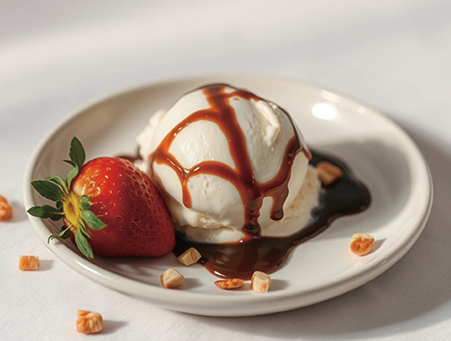 発酵レモンのショコラソースをかけたバニラアイスといちご